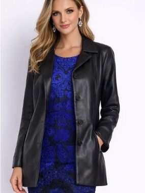 Anne Klein Black Leather Button-Front Jacket